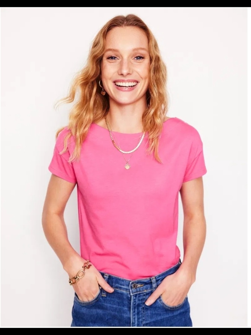 Boden Women’s Classic Short-Sleeve Boat Neck Tee - Hot Pink